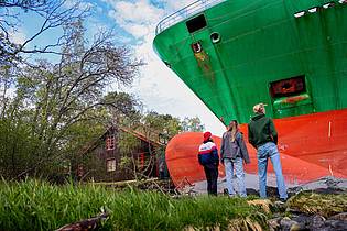 Jan Langhaug/NTB/dpa | Da steht ein Containerschiff im Garten.