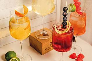 Lantenhammer Destillerie/dpa-tmn | Die Sommer-Cocktails der Destillerie Lantenhammer «Willi Royal» (oben), «Himbeer Spritz» (rechts), «Wilde Heidi» (unten) und «Gipfel Spritz» (links) werden aus Fruchtbrandliqueuren, etwas Saft, Schaumwein oder Tonic Water gemixt.