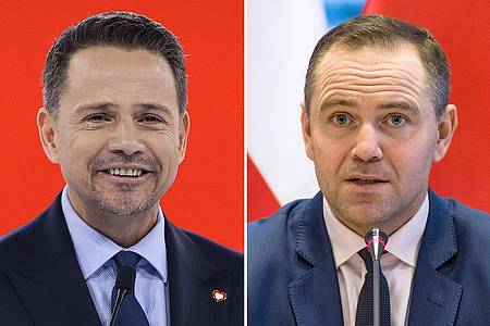 Jarek Praszkiewicz/PAP/Attila Husejnow/SOPA Images via ZUMA Press Wire/dpa | Der liberale Rafal Trzaskowski (links) und der rechtskonservative Karol Nawrocki laut Prognosen fast gleichauf. (Archivbild)