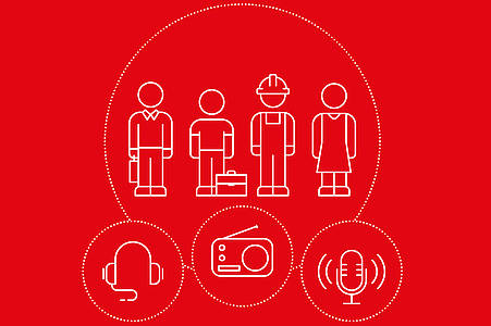 Grafik mit roten Hintergrund mit Symbolen für Audio, Radio und Podcast