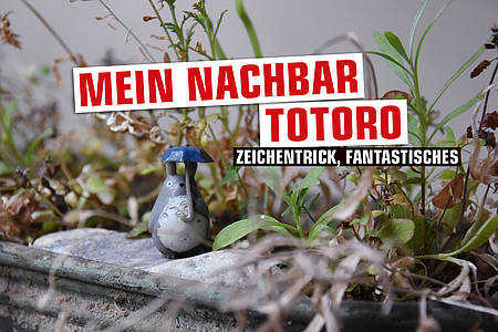 Ein Figur von Totoro steht in einem Beet aus Gräsern