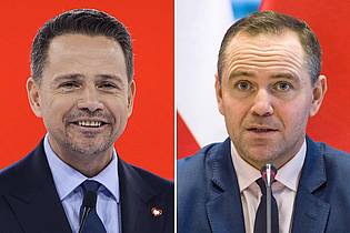 Jarek Praszkiewicz/PAP/Attila Husejnow/SOPA Images via ZUMA Press Wire/dpa | Bei der Stichwahl um das Präsidentenamt in Polen tritt der liberale Rafal Trzaskowski (links) gegen den Rechtskonservativen Karol Nawrocki an. (Archivbild)