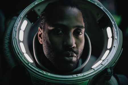 Der Hauptprotagonist von The Creator auf Netflix steht im Raum-Anzug vor verschwommenen Lichtern.