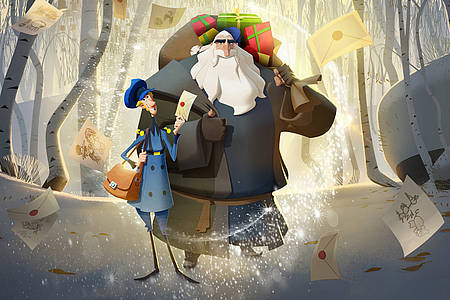 Animierter Weihnachtsmann und Postbote im verschneiten Wald